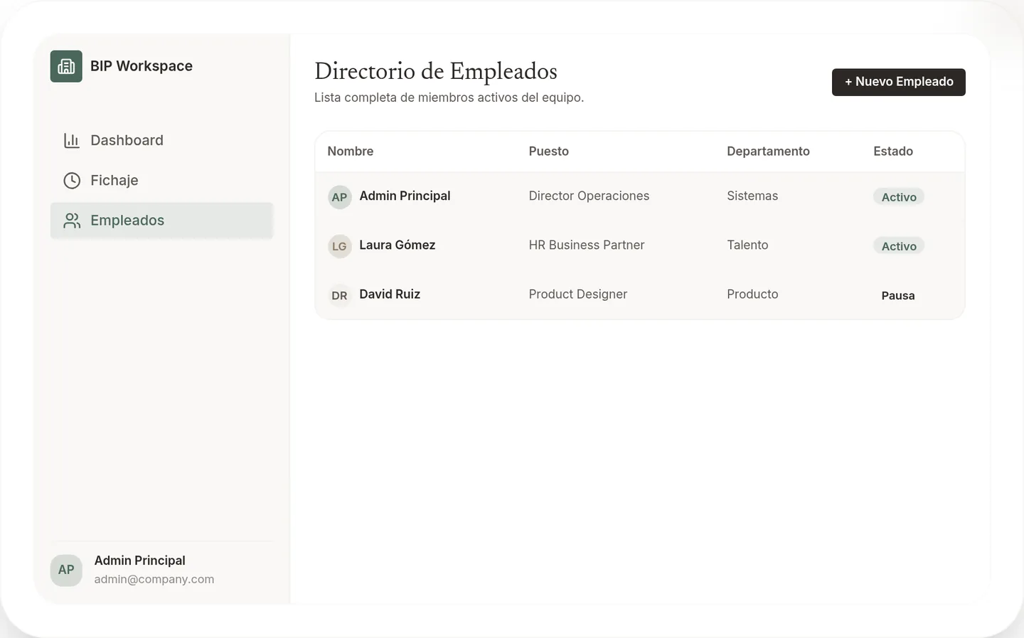 Directorio de empleados con nombre, puesto, departamento y estado.